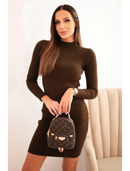 Dámská viskózová pruhovaná šaty s dlouhým rukávem a stojáčkem hnědá