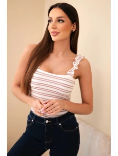 Dámská žebrovaná proužkovaná halenka na ramínkách s volánkem tmavě růžová