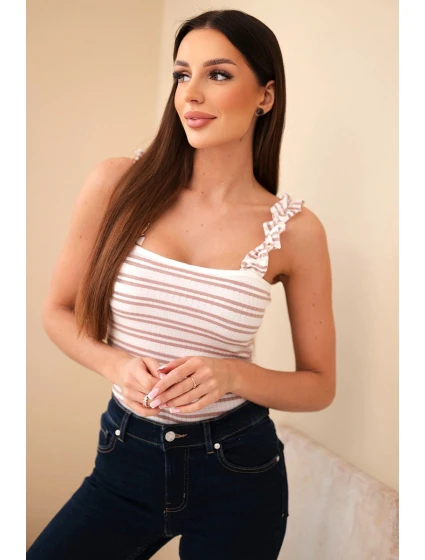 Dámská žebrovaná proužkovaná halenka na ramínkách s volánkem tmavě růžová