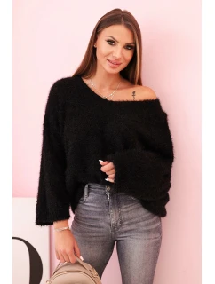 Dámský svetr z mohairu volného střihu s výstřihem do V IT-92 / 34360 Černá lesk - K-Fashion