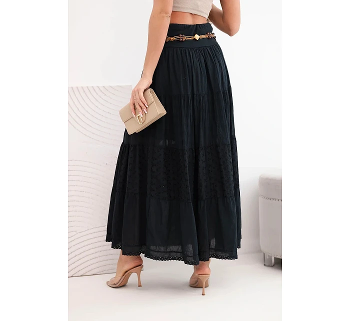 Dámská maxi bavlněná sukně s výšivkou a pásem černá model 22048767 - K-Fashion