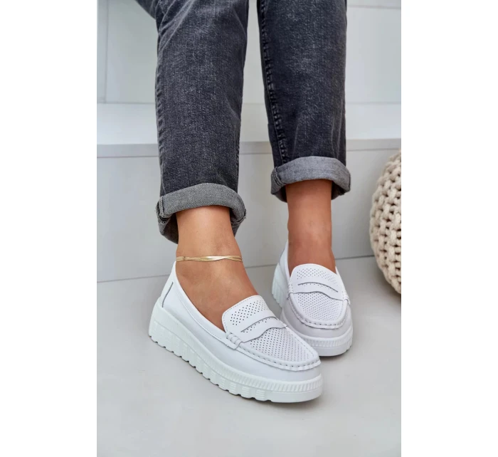 Dámské kožené mokasíny na platformě a klínku Elanindel – bílé