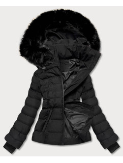 Krátká černá dámská zimní bunda s kožešinou (5M768-392A)