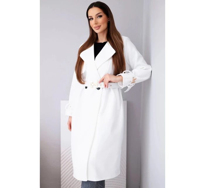 Dámský kabát s páskem a zlatými přezkami ecru