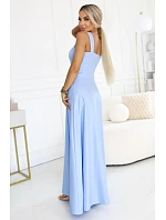 633-4 Dlouhé svatební šaty AURELIA s rozparkem a výstřihem - modré s třpytkami