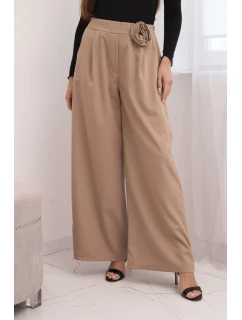 Dámské elegantní kalhoty s širokou nohavicí a ozdobným květem fango