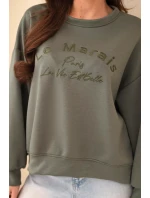 Dámská mikina s výšivkou volného střihu model 21893770 khaki - K-Fashion Dámská mikina s výšivkou volného střihu model 21893770 khaki - K-Fashion