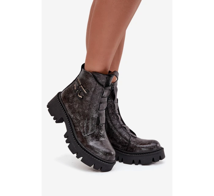 Kožené lakované dámské boty s ozdobou zateplené Artiker 57C2081 grafitové