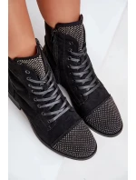 Dámské zateplené kotníkové boty na nízkém podpatku s ozdobami – černé Ellieo Dámské zateplené kotníkové boty na nízkém podpatku s ozdobami – černé Ellieo