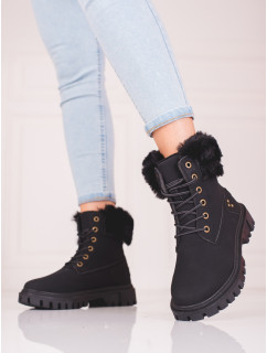 Pěkné  kotníčkové boty černé dámské na plochém podpatku