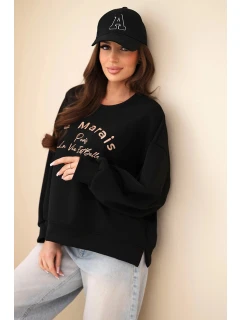 Dámská mikina máslová s výšivkou volného střihu černý