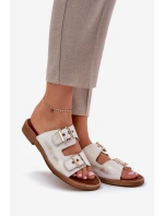 Kožené Ploché Pantofle S Přezkami Zazoo 3020 Zlaté Ošoupané