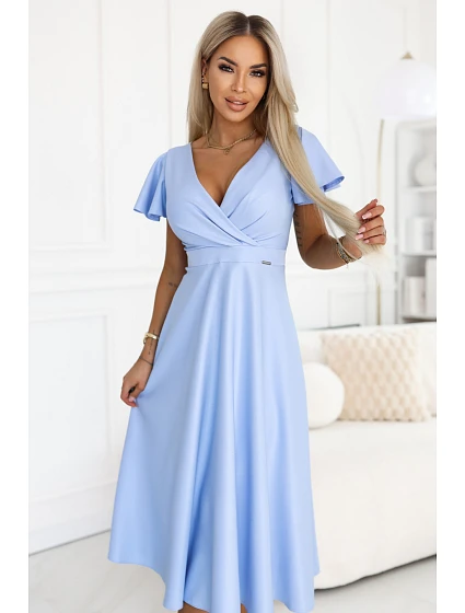 675-1 Midi šaty Blinky s obálkovým výstřihem a brokátovými třpytkami - modré