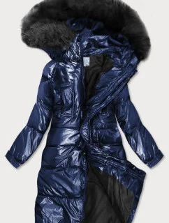 Tmavě modrá dámská zimní metalická bunda s kapucí (8295)