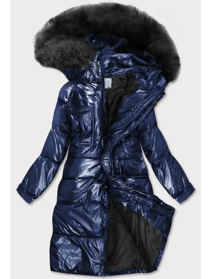Tmavě modrá dámská zimní metalická bunda s kapucí (8295)