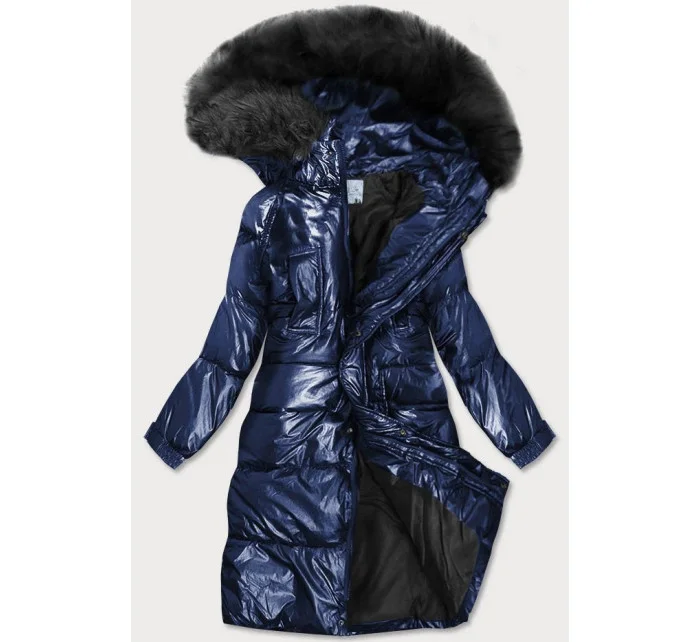Tmavě modrá dámská zimní metalická bunda s kapucí (8295)