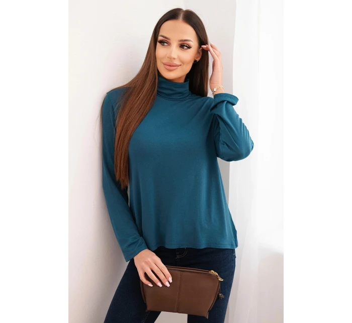 Dámská viskózová blůza s vysokým límcem a dlouhým rukávem mořská