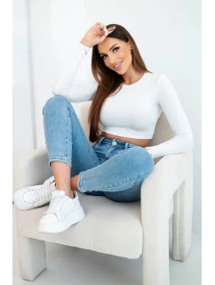 Dámské džíny mom fit s vysokým pasem a jemným obnošením modré