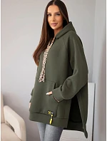 Mikina dámská oversize z bavlny s kapucí a kapsou khaki
