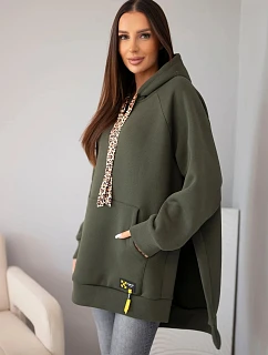 Mikina dámská oversize z bavlny s kapucí a kapsou khaki