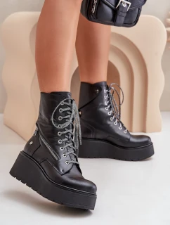 Kožené Botky Worker Na Platformě A Klínu Maciejka 06676-01 Černé