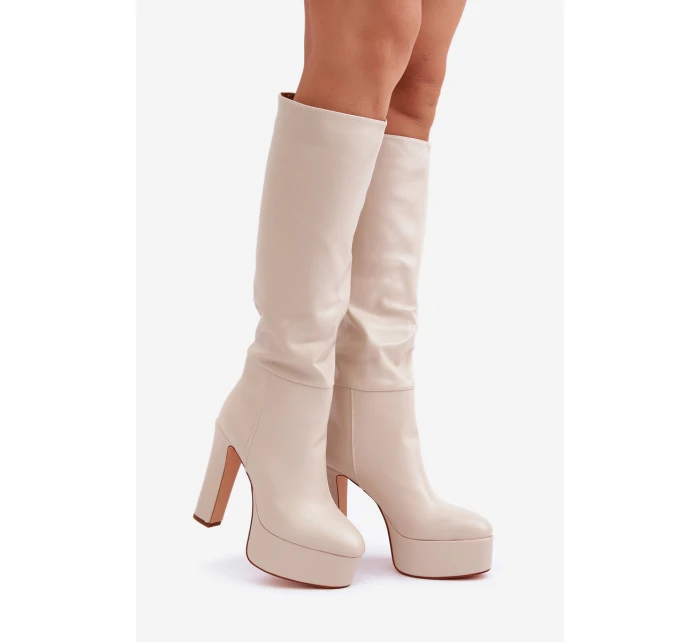 Kozačky Na Podpatku A Platformě Z Eko Kůže Světle Béžové model 21681408 - Boto