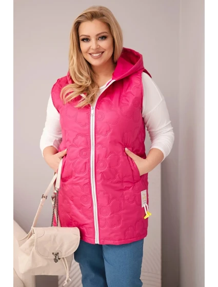 Dámská vesta Plus Size s kapucí a květinovým prošíváním fuchsie