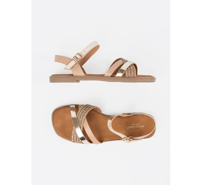 Praktické  sandály dámské zlaté na plochém podpatku