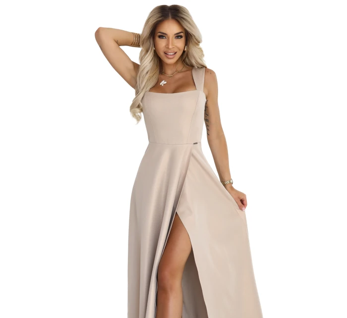 dlouhé šaty s rozparkem a výstřihem typu béžové s brokátem model 21310320 - numoco dlouhé šaty s rozparkem a výstřihem typu béžové s brokátem model 21310320 - numoco