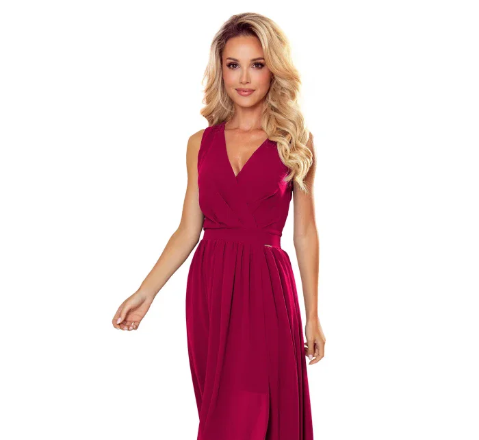 JUSTINE - Dlouhé dámské šaty v bordó barvě s výstřihem a zavazováním 362-5