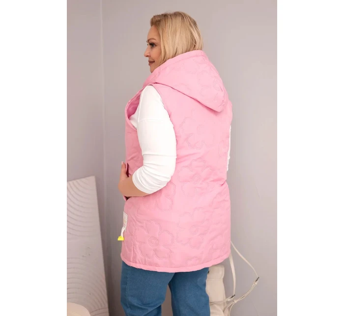 Dámská vesta Plus Size s kapucí a květinovým prošíváním světle růžová