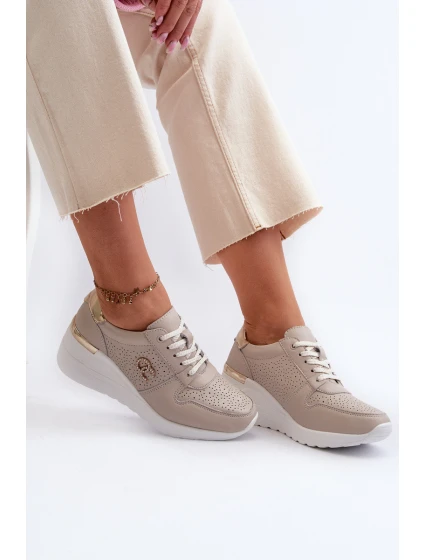 Dámské kožené tenisky na podpatku béžové model 21659717 - S.Barski