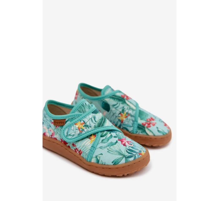 Dětské papuče na suchý zip Barefoot Květiny Listy Froddo G1700438-14 Mentolové