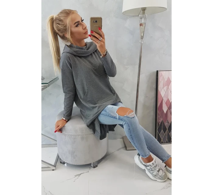 Mikina s kapucí s dlouhými zády v grafitové barvě