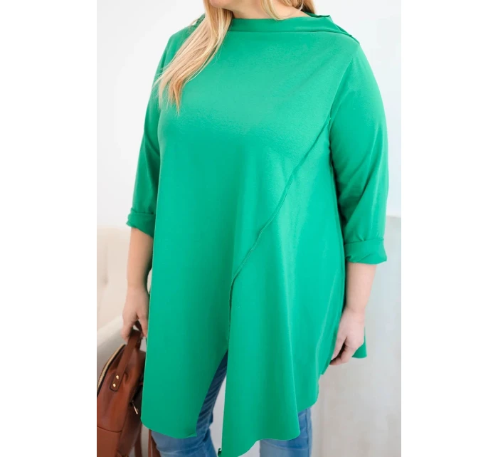 Dámská bavlněná blůza Plus Size asymetrická s ohrnutým rukávem zelená