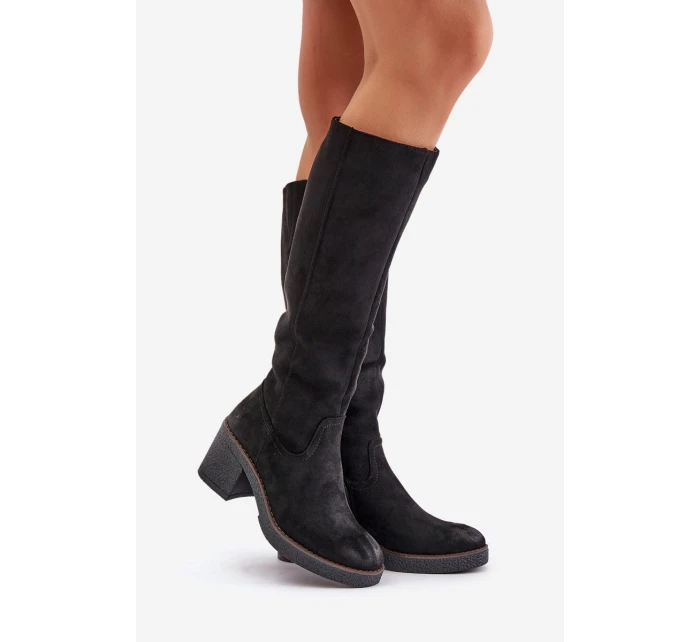 Zateplené kozačky na podpatku eko semišové nad koleno černé model 21675737 - Boto