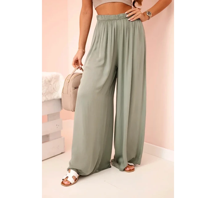 Široké dámské kalhoty s elastickým pasem khaki