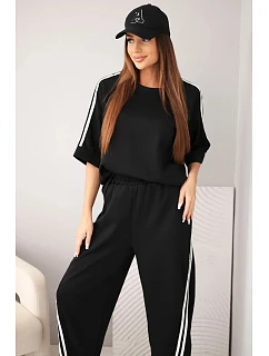 Dámský model 22159095 měkký viskózový komplet mikina a kalhoty s lampasy černý - K-Fashion
