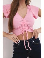 Dámská žebrovaná proužkovaná halenka na ramínkách s volánkem světle růžová