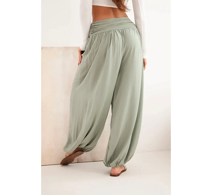 Dámské viskózové kalhoty se širokou nohavicí a řasením khaki