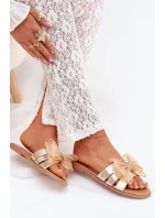 Dámské pantofle na nízkém podpatku s tylovou mašlí – zlaté