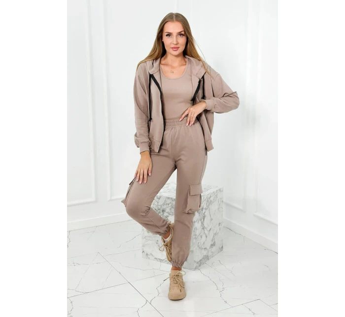 Set 3 v 1 mikina + top + kalhoty tmavě béžová
