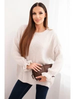 Dámský svetr s přídavkem mohéru a vlny volného střihu béžový Dámský svetr s přídavkem mohéru a vlny volného střihu béžový