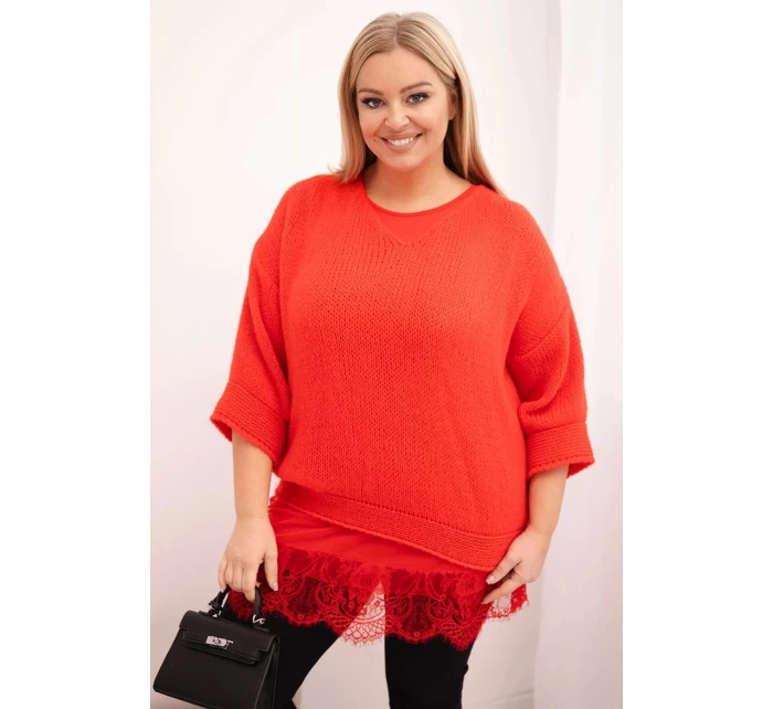 Dámská souprava svetr s model 21798779 výstřihem a viskózová blůza s krajkovým lemem červený - K-Fashion Dámská souprava svetr s model 21798779 výstřihem a viskózová blůza s krajkovým lemem červený - K-Fashion