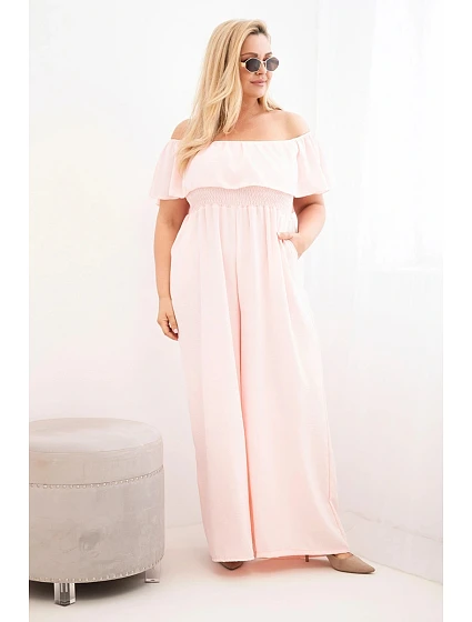 Dámský overal Plus Size s volánem a krátkým rukávem pudrově růžová