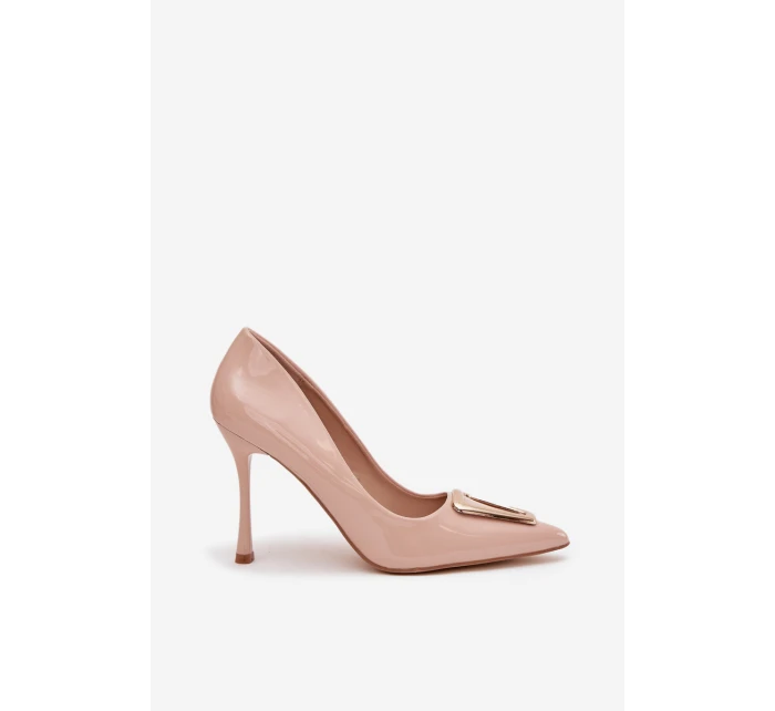 Lakované dámské lodičky na jehlovém podpatku se zlatým detailem Paivelle – béžové