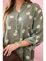 model 21911562 dámská halenka s květinovým vzorem, dlouhými rukávy a knoflíky khaki - K-Fashion