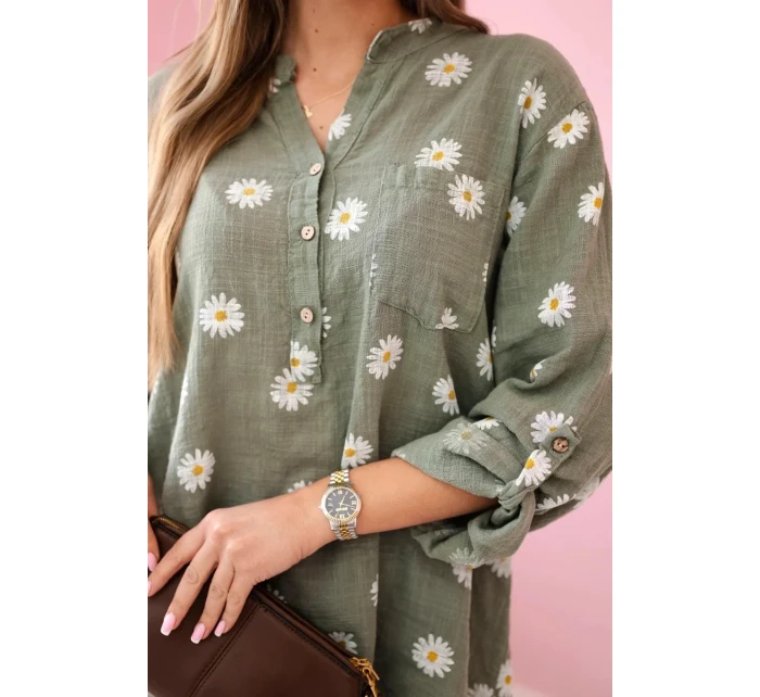 model 21911562 dámská halenka s květinovým vzorem, dlouhými rukávy a knoflíky khaki - K-Fashion