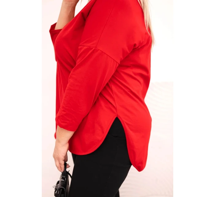Dámská bavlněná blůza Plus Size s výstřihem do V a ohrnutým rukávem červená