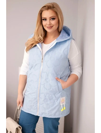Dámská vesta Plus Size s kapucí a květinovým prošíváním modrá